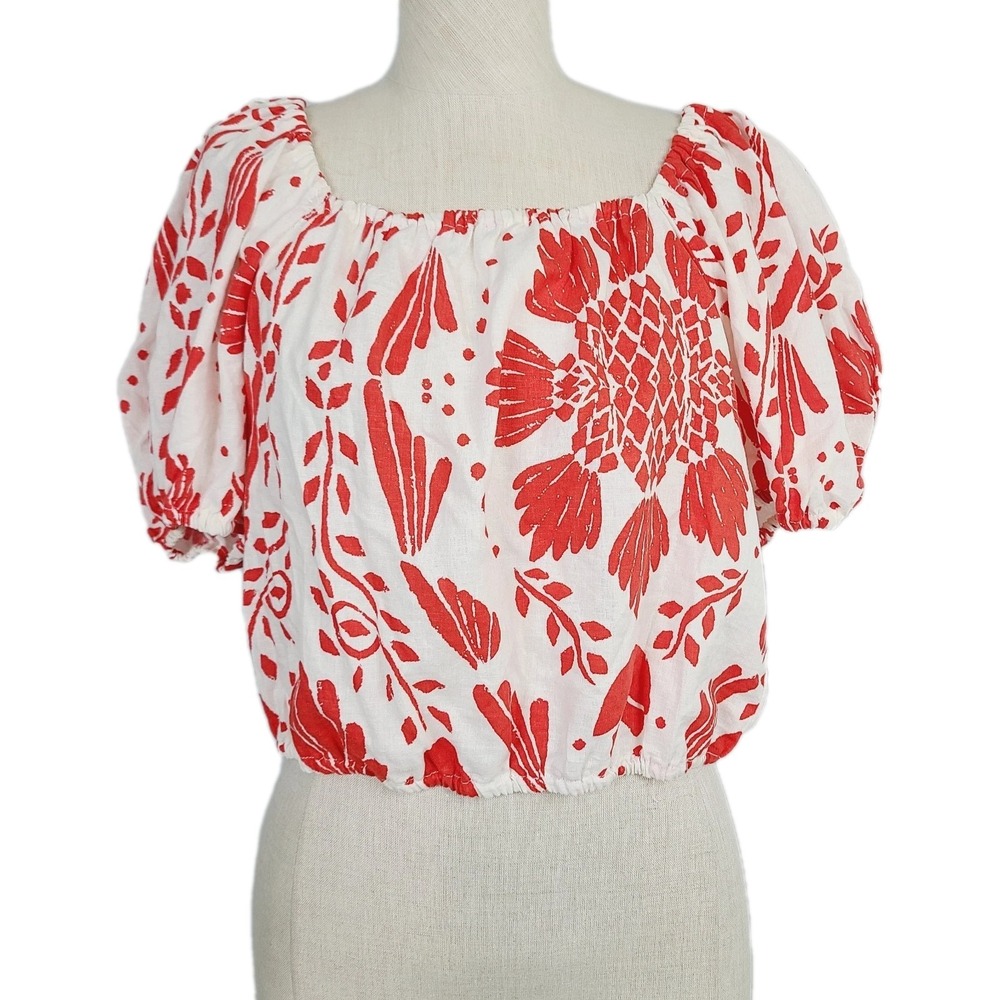 Haute Hippie Red White Floral Puff Sleeve Crop Top Linen Blend Boho Festival S